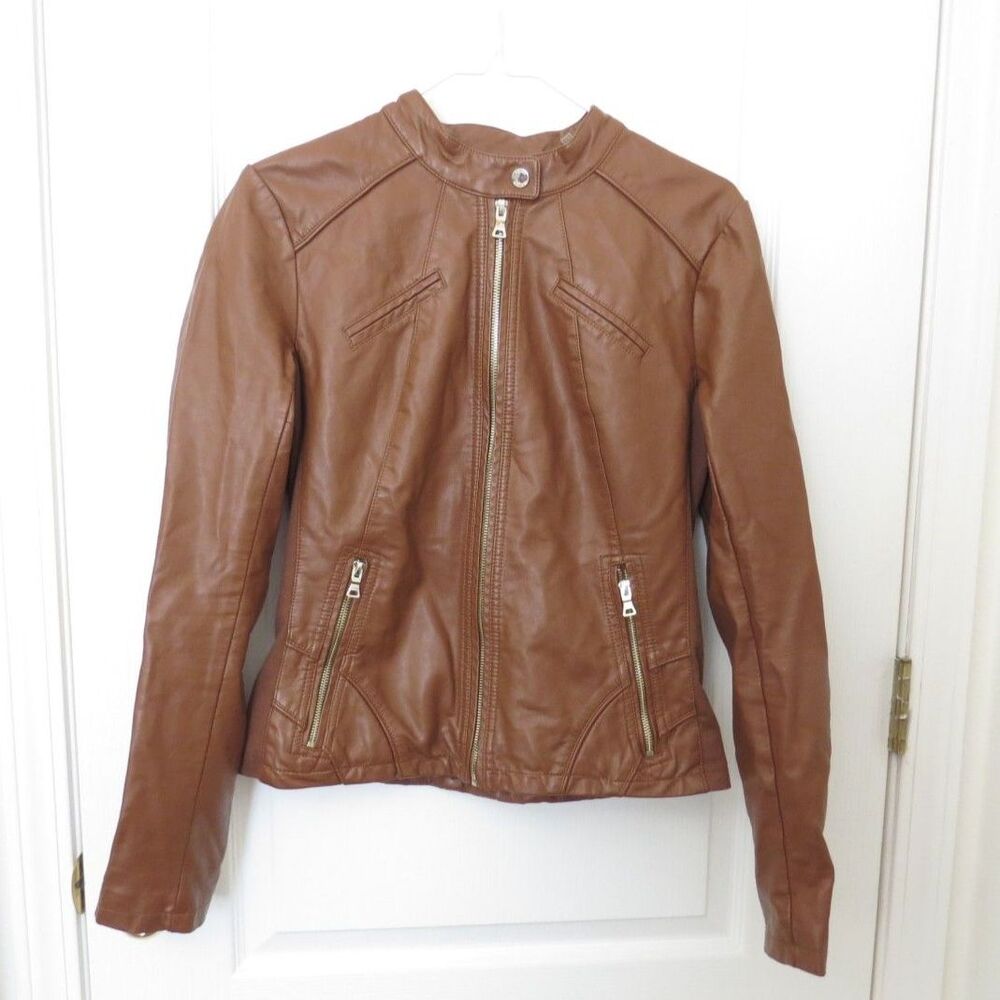 Guess Women's Faux Leather Moto Racer Jacket Brown EUC - Picture 3 of 9